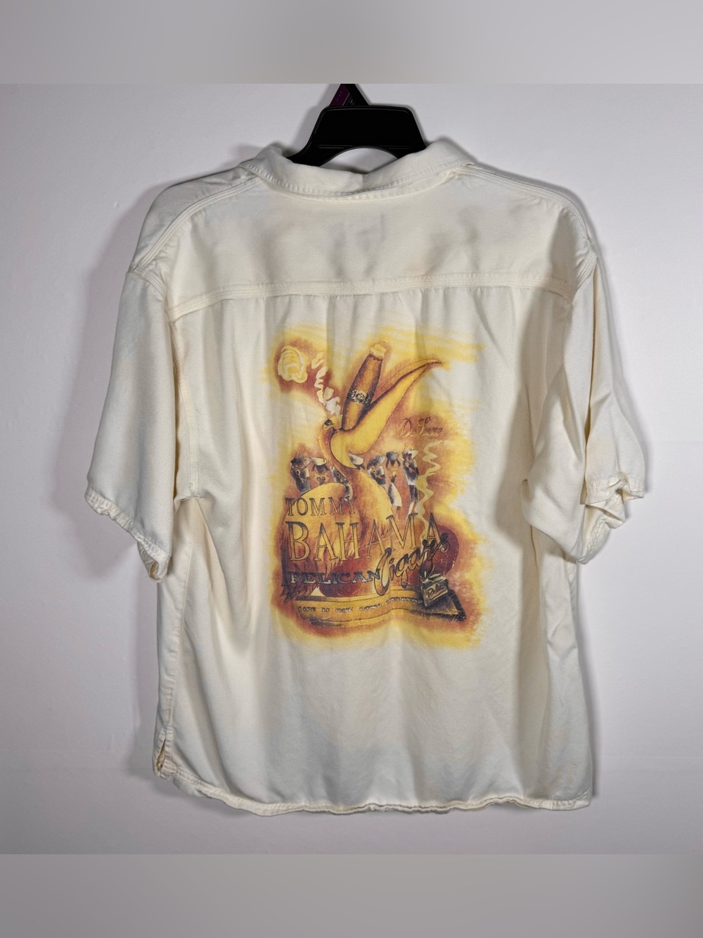 Vintage TOMMY BAHAMA Pelican Cigars Ivory Button Up Rayon Camp Shirt Sz XL